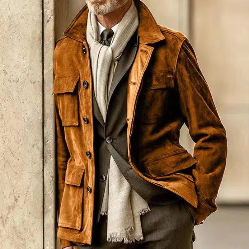 Men’s Suede Multi-Pocket Single-Breasted Field Jacket