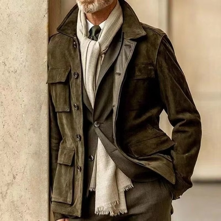 Men’s Suede Multi-Pocket Single-Breasted Field Jacket