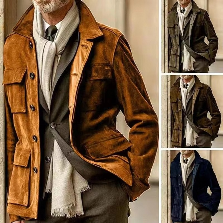 Men’s Suede Multi-Pocket Single-Breasted Field Jacket