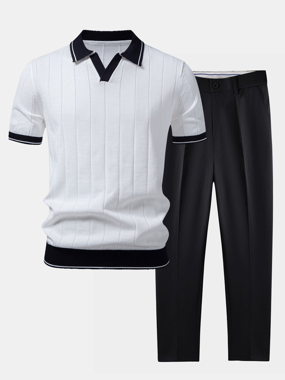 Ribbed Knit Polo Shirt and Trousers Set for Summer Style