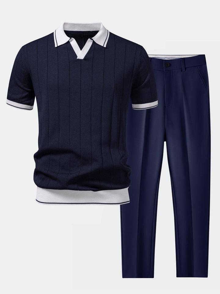Ribbed Knit Polo Shirt and Trousers Set for Summer Style