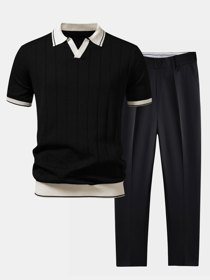 Ribbed Knit Polo Shirt and Trousers Set for Summer Style
