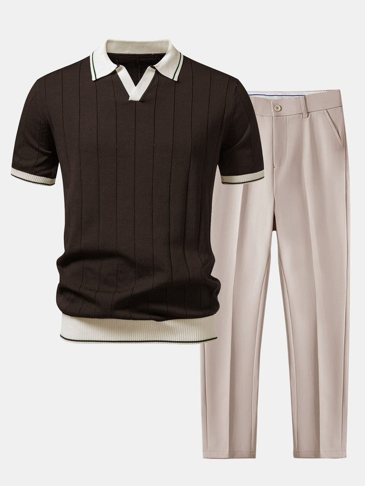 Ribbed Knit Polo Shirt and Trousers Set for Summer Style