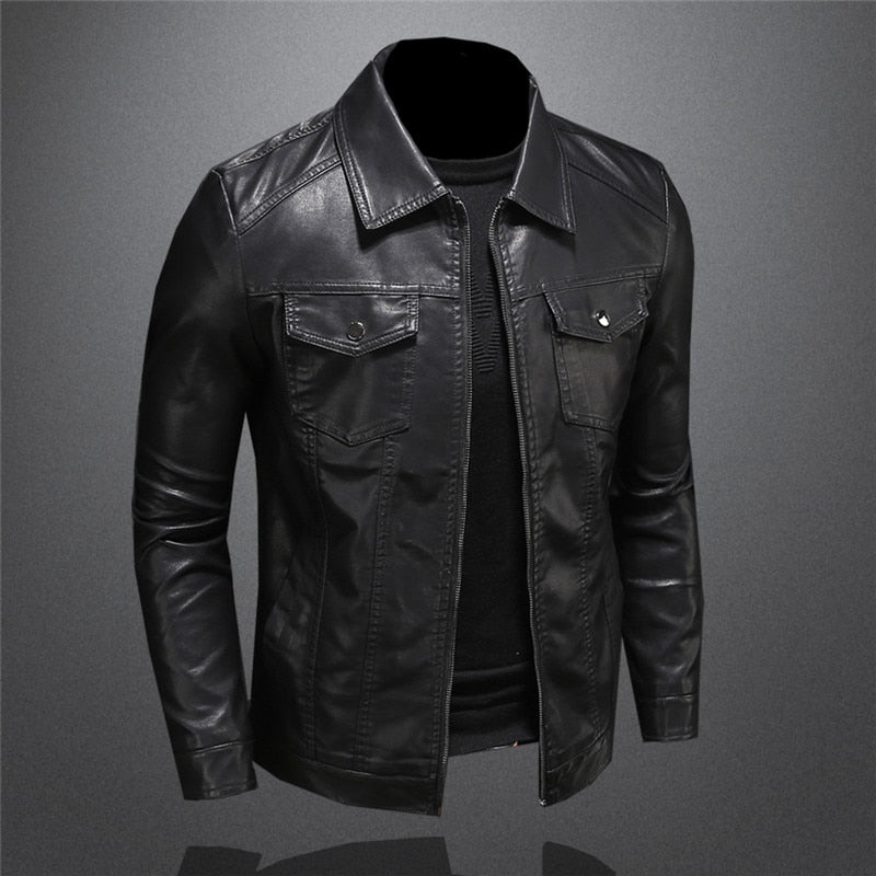 Men’s Slim Fit Faux Leather Collared Zip Jacket