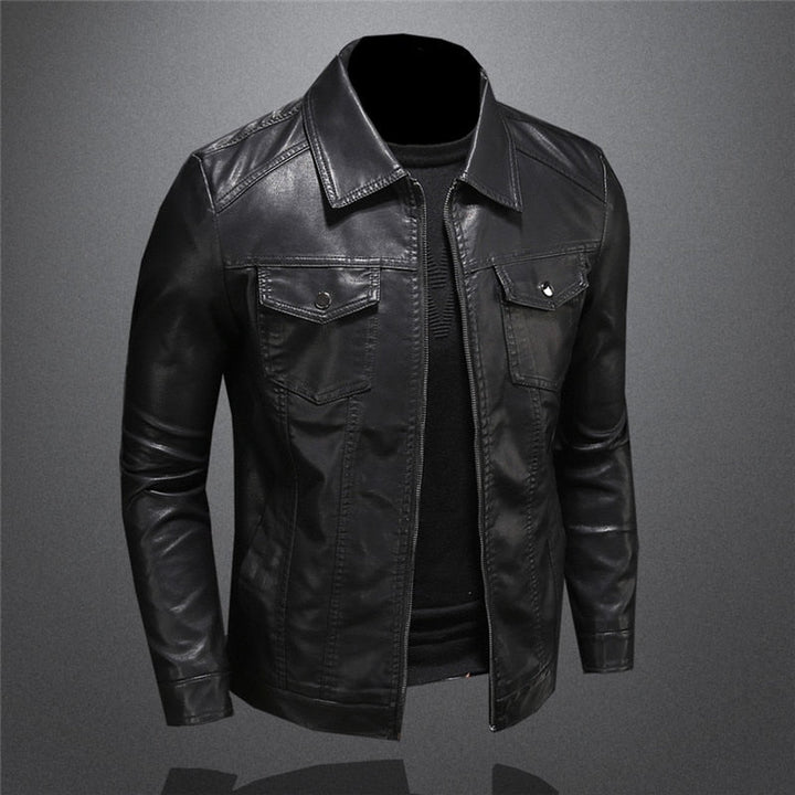 Men’s Slim Fit Faux Leather Collared Zip Jacket