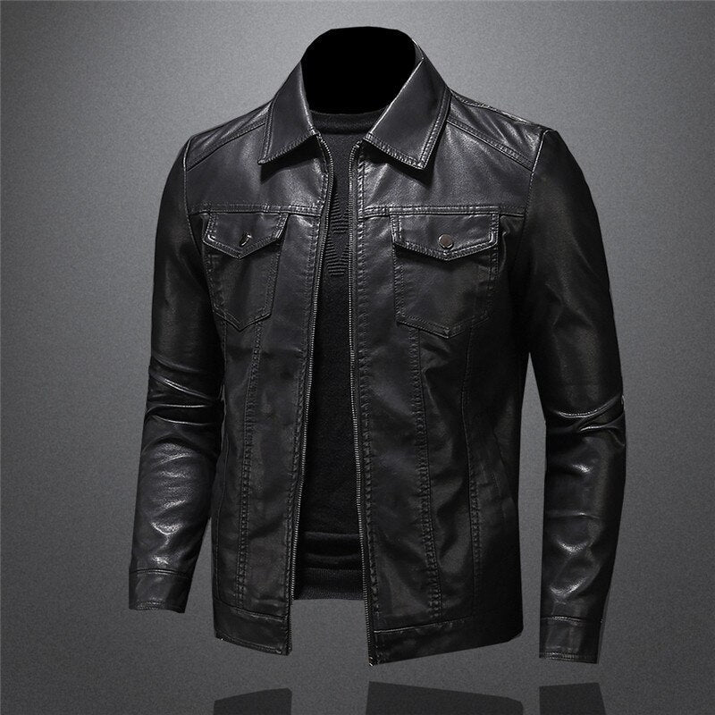 Men’s Slim Fit Faux Leather Collared Zip Jacket