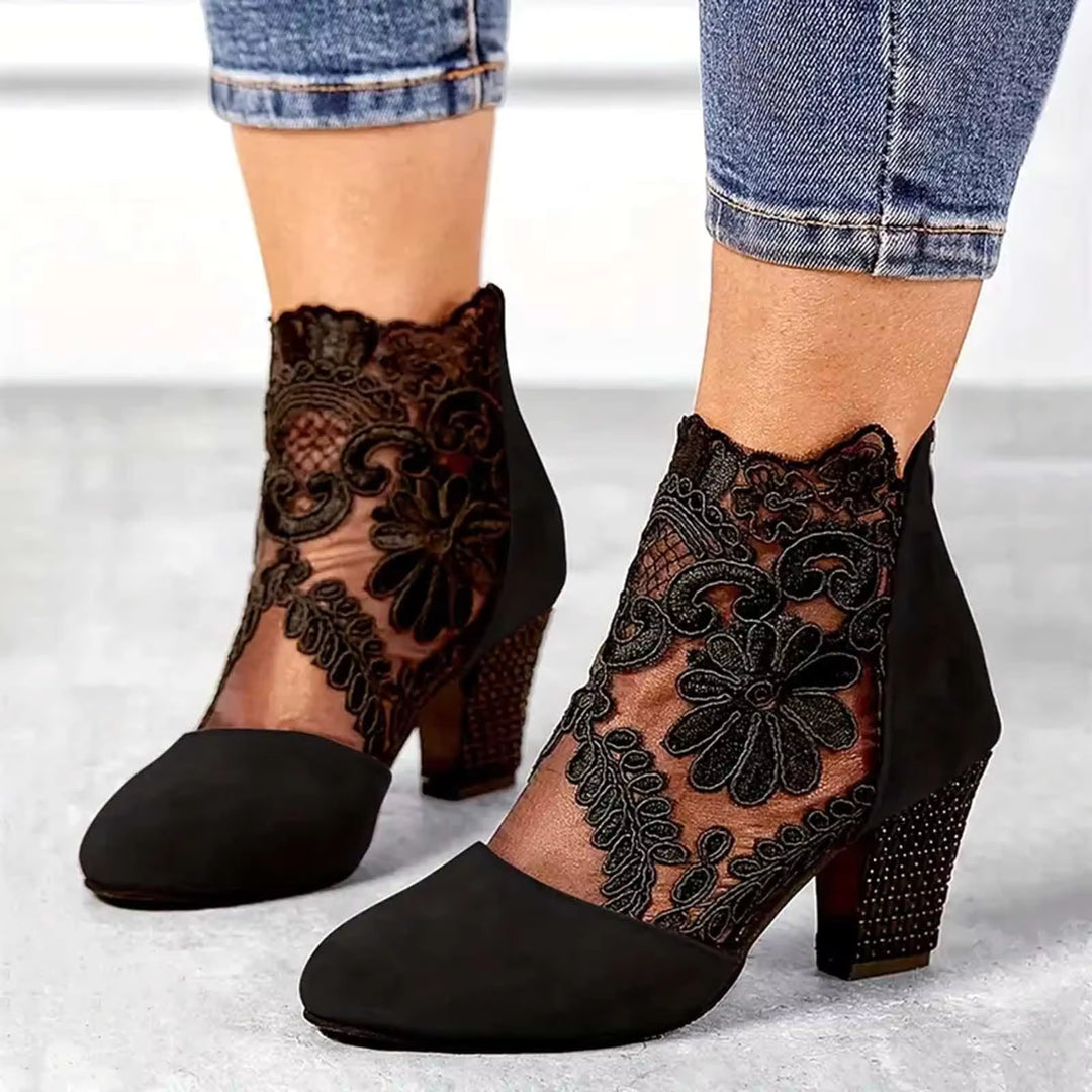 Lace Panel Block Heel Booties - Marisse