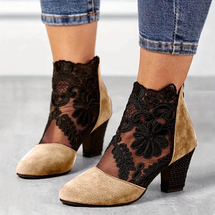 Lace Panel Block Heel Booties - Marisse