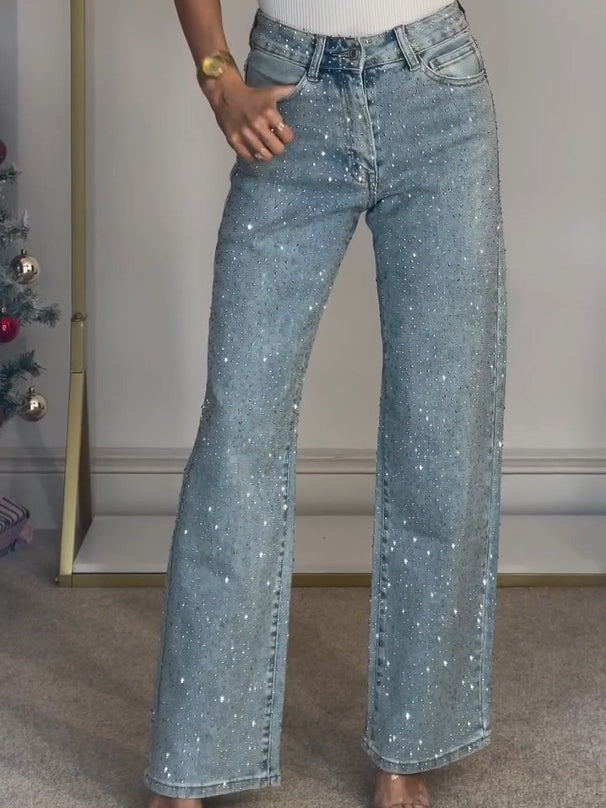 Women’s Rhinestone Embellished Wide Leg Jeans