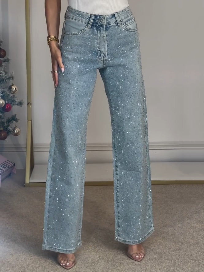 Women’s Rhinestone Embellished Wide Leg Jeans