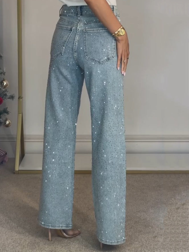 Women’s Rhinestone Embellished Wide Leg Jeans