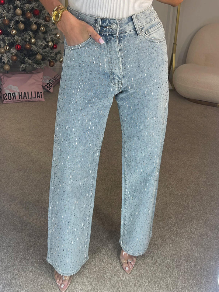 Women’s Rhinestone Embellished Wide Leg Jeans