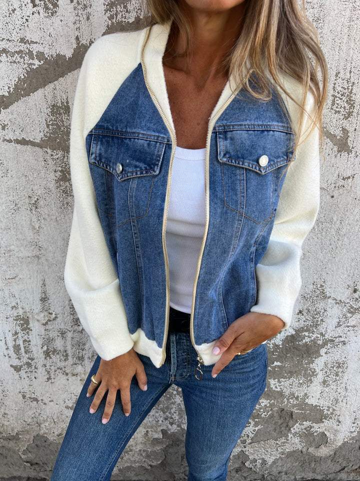 Women’s Contrast Denim and Fleece Bomber Jacket