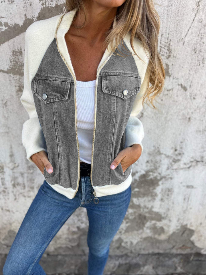 Women’s Contrast Denim and Fleece Bomber Jacket