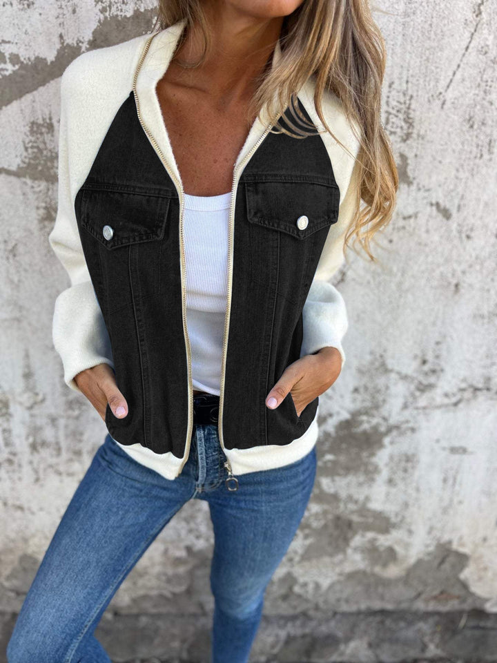 Women’s Contrast Denim and Fleece Bomber Jacket