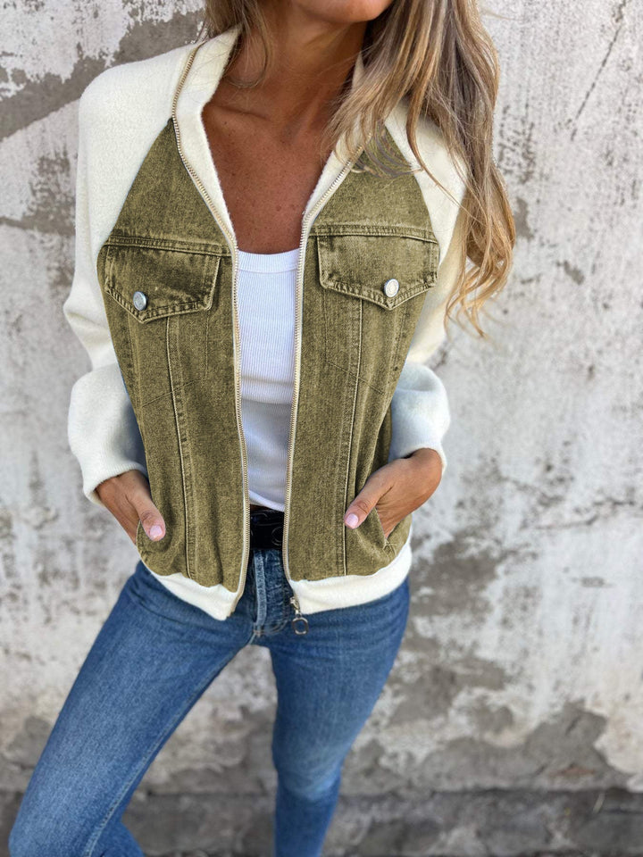 Women’s Contrast Denim and Fleece Bomber Jacket