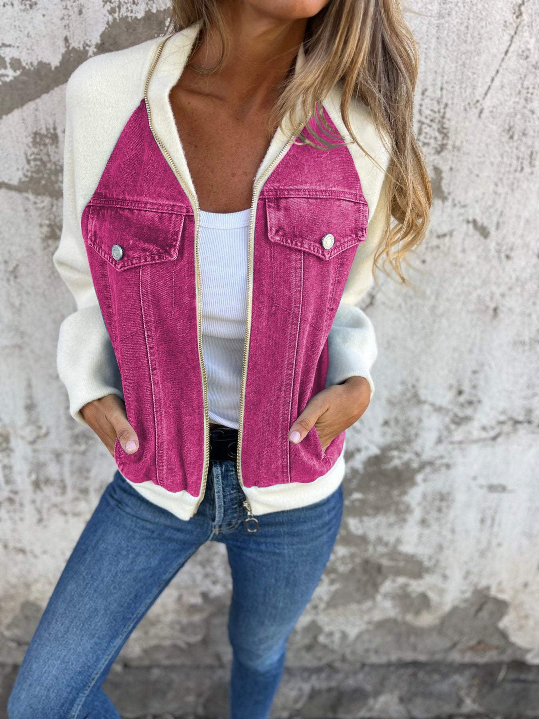 Women’s Contrast Denim and Fleece Bomber Jacket