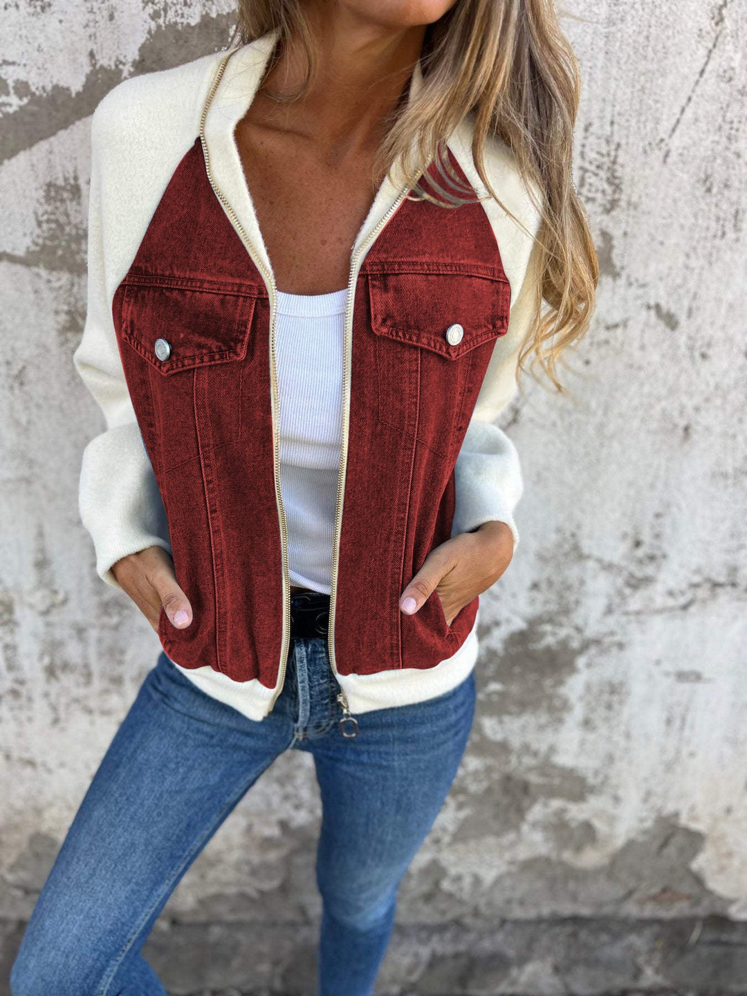 Women’s Contrast Denim and Fleece Bomber Jacket
