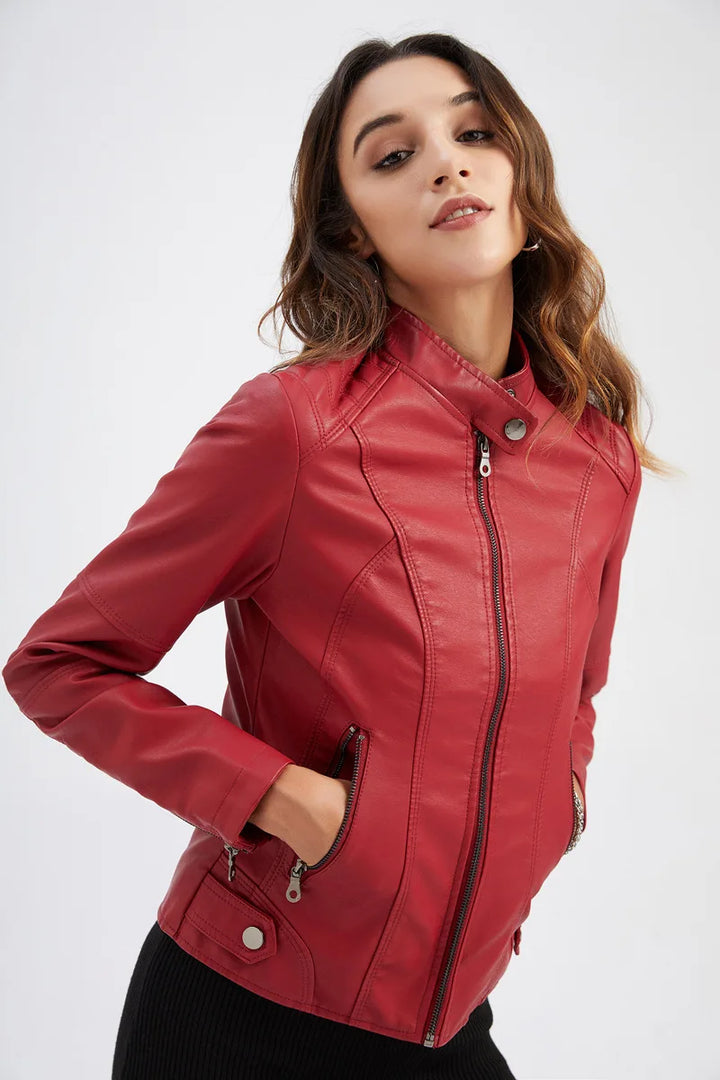 Women’s Faux Leather Moto Jacket Stand Collar