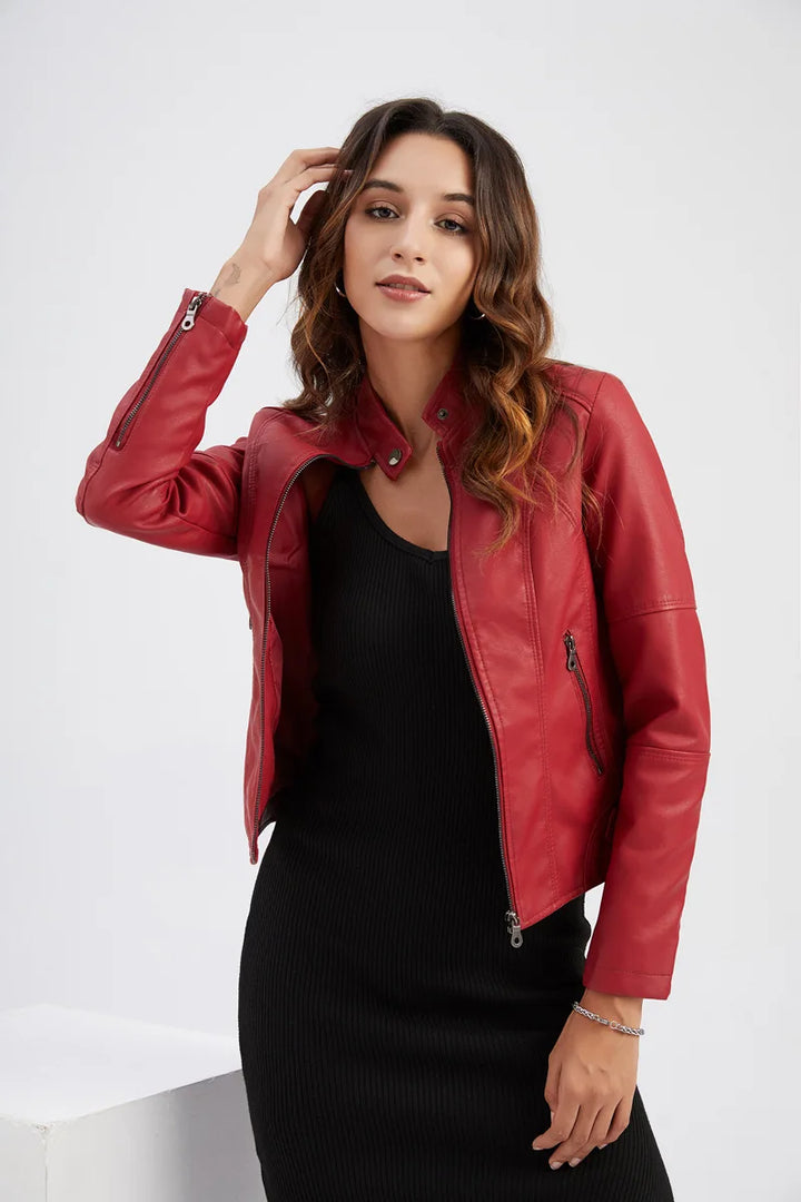 Women’s Faux Leather Moto Jacket Stand Collar