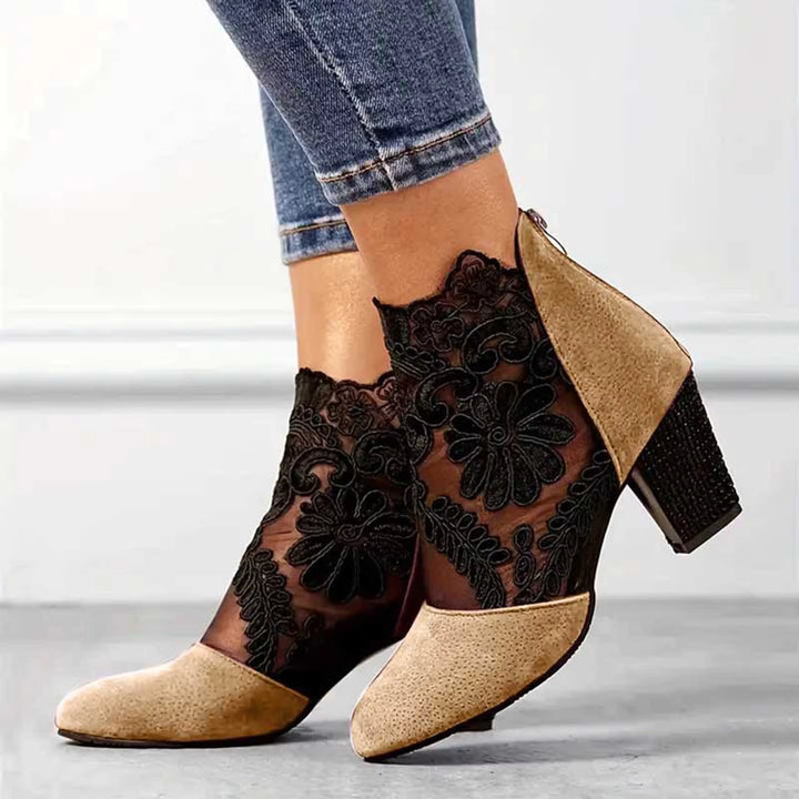 Lace Panel Block Heel Booties - Marisse