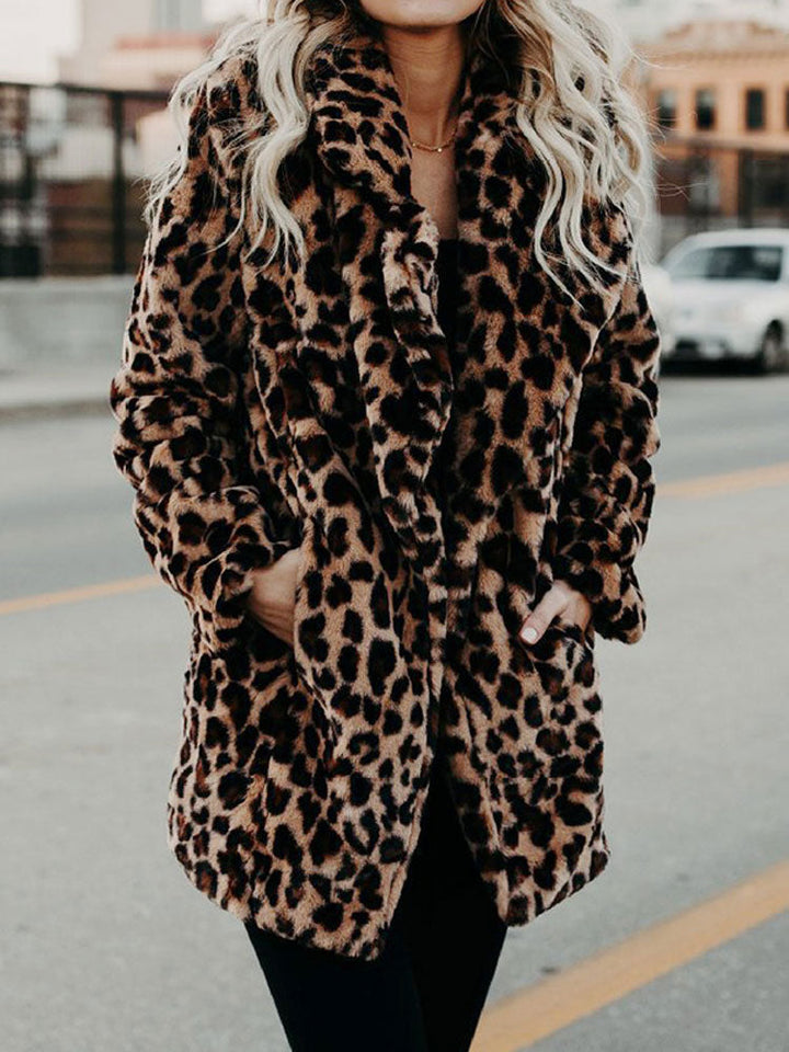 Sofia Leopard Print Women's Faux Fur Winter Coat with Oversized Collar 0