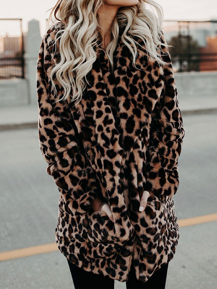 Sofia Leopard Print Women's Faux Fur Winter Coat with Oversized Collar 2