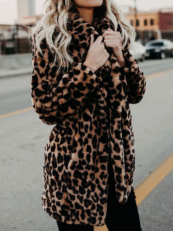 Sofia Leopard Print Women's Faux Fur Winter Coat with Oversized Collar 4