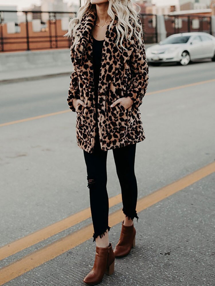 Sofia Leopard Print Women's Faux Fur Winter Coat with Oversized Collar 6