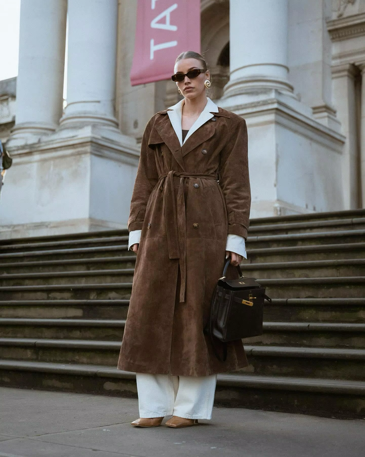 Women’s Faux Suede Double Breasted Long Trench Coat