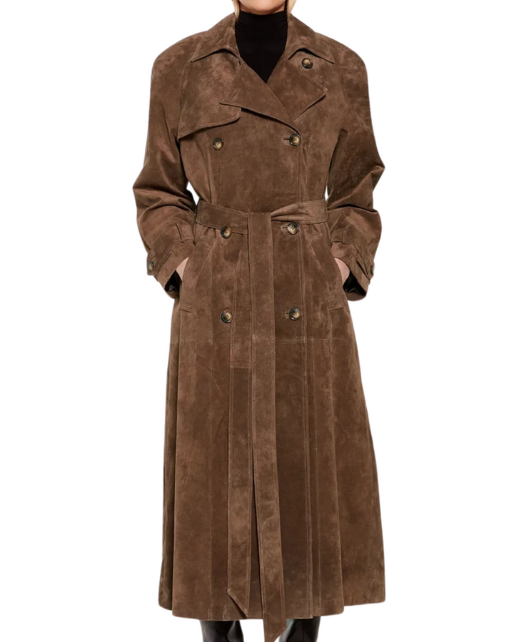 Women’s Faux Suede Double Breasted Long Trench Coat