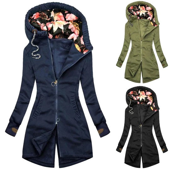 Women’s Floral Hood Zip Up Long Hoodie Winter Jacket