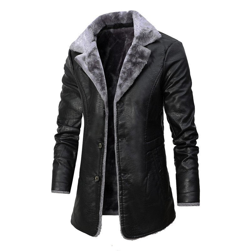 Men’s Faux Leather Fleece Lined Long Winter Jacket
