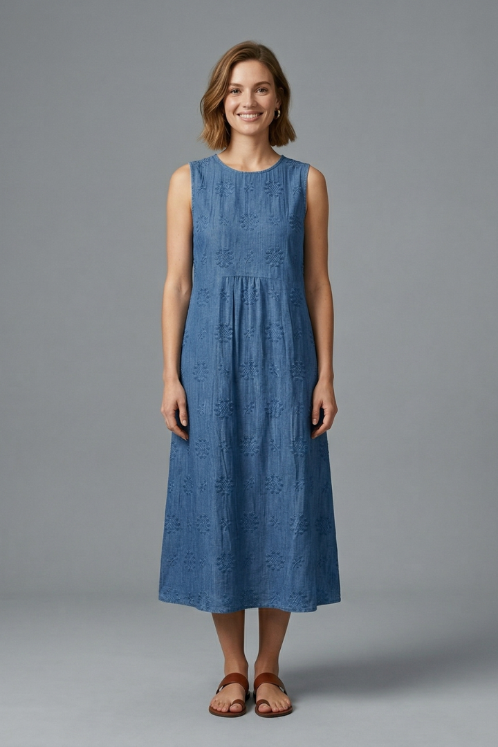 Embroidered Sleeveless Midi Dress with Gathered Waist | Lila