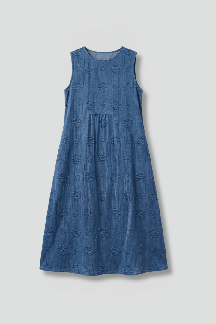 Embroidered Sleeveless Midi Dress with Gathered Waist | Lila