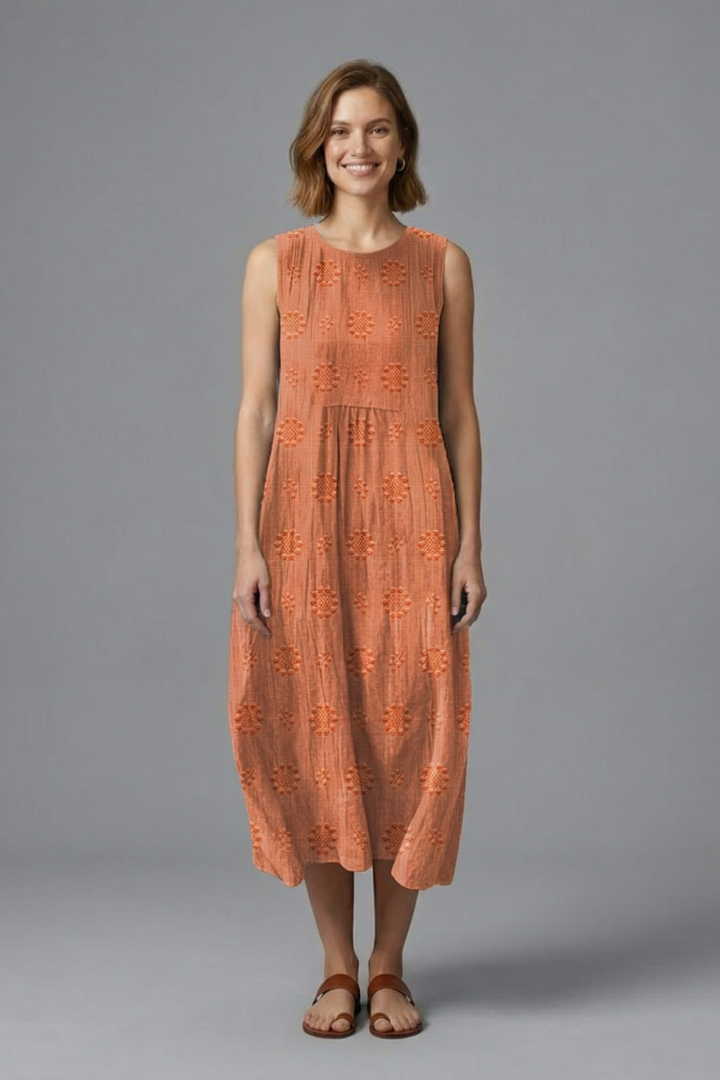 Embroidered Sleeveless Midi Dress with Gathered Waist | Lila
