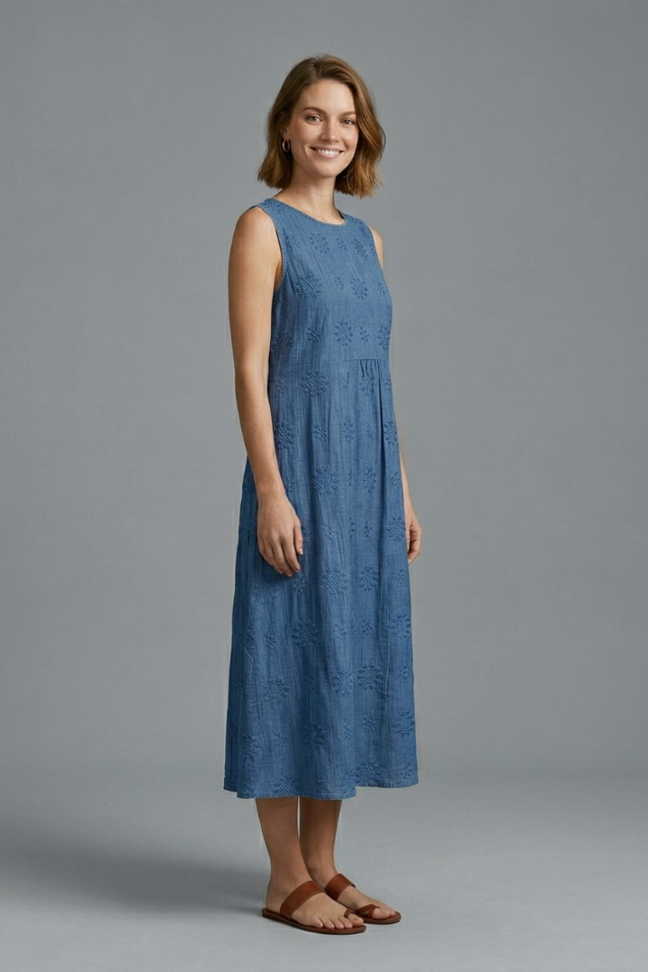 Embroidered Sleeveless Midi Dress with Gathered Waist | Lila