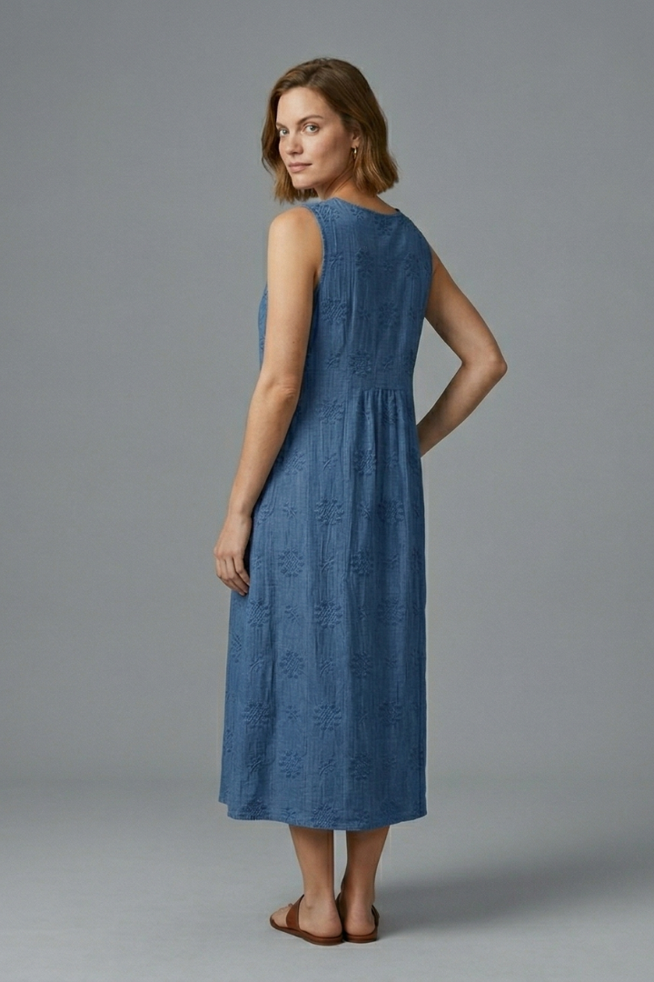 Embroidered Sleeveless Midi Dress with Gathered Waist | Lila