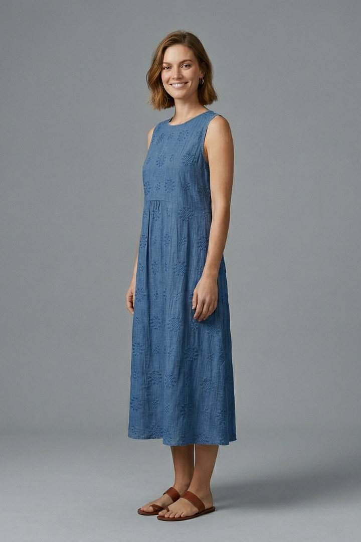 Embroidered Sleeveless Midi Dress with Gathered Waist | Lila