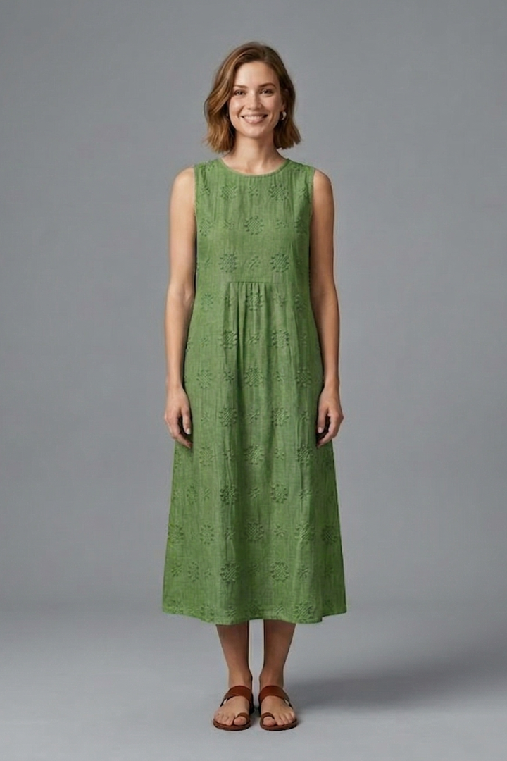 Embroidered Sleeveless Midi Dress with Gathered Waist | Lila