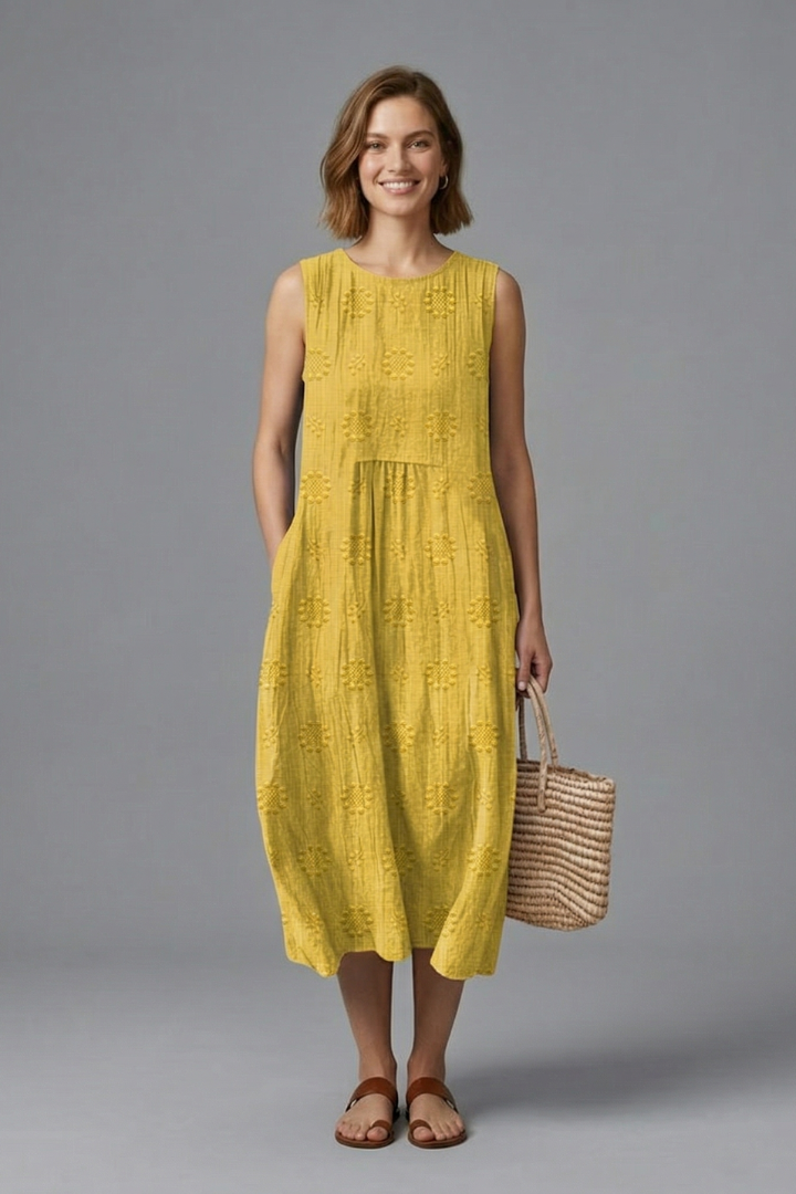 Embroidered Sleeveless Midi Dress with Gathered Waist | Lila