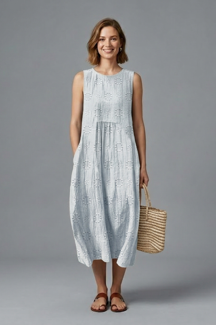 Embroidered Sleeveless Midi Dress with Gathered Waist | Lila