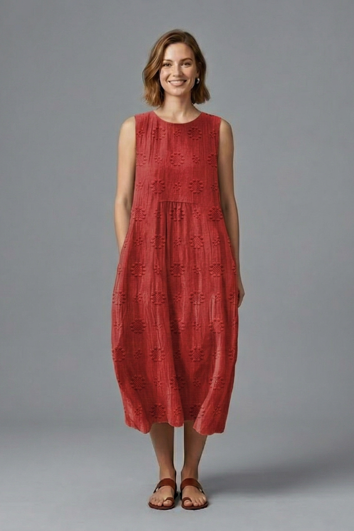 Embroidered Sleeveless Midi Dress with Gathered Waist | Lila