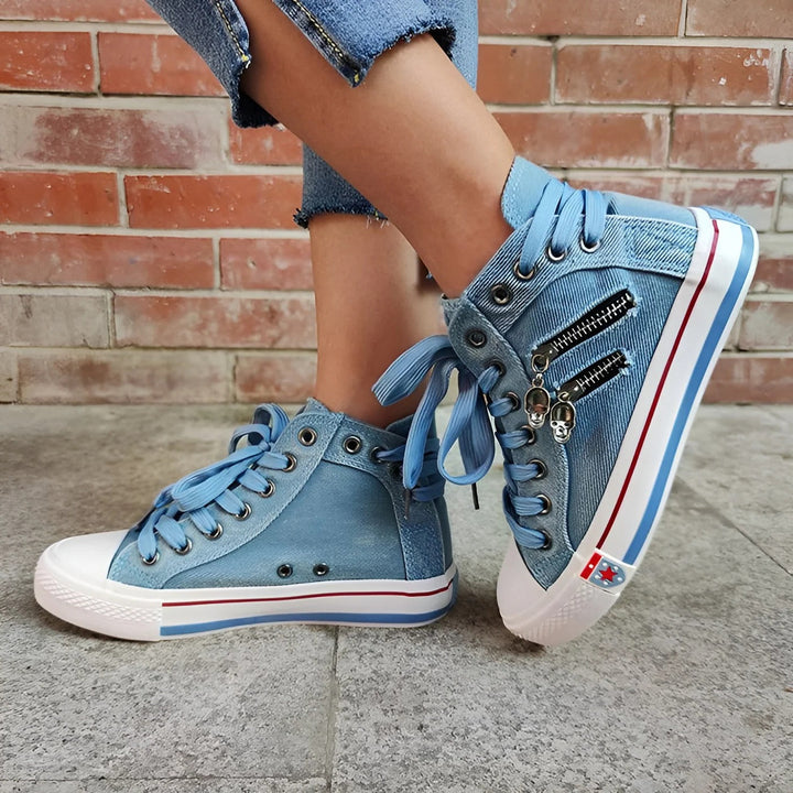Womens Distressed Denim High Top Dual-Zip Sneakers