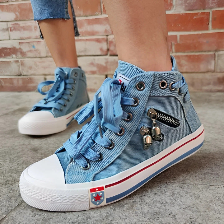 Womens Distressed Denim High Top Dual-Zip Sneakers