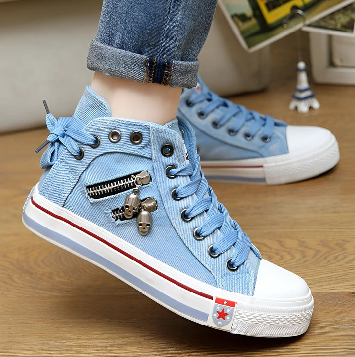 Womens Distressed Denim High Top Dual-Zip Sneakers