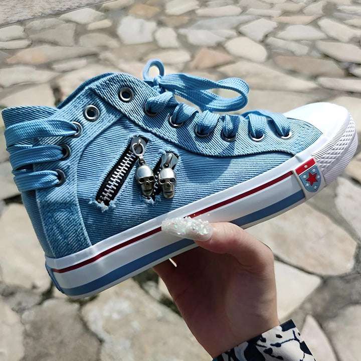 Womens Distressed Denim High Top Dual-Zip Sneakers