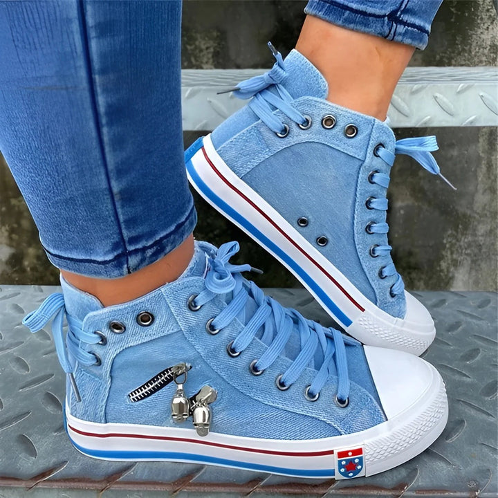 Womens Distressed Denim High Top Dual-Zip Sneakers