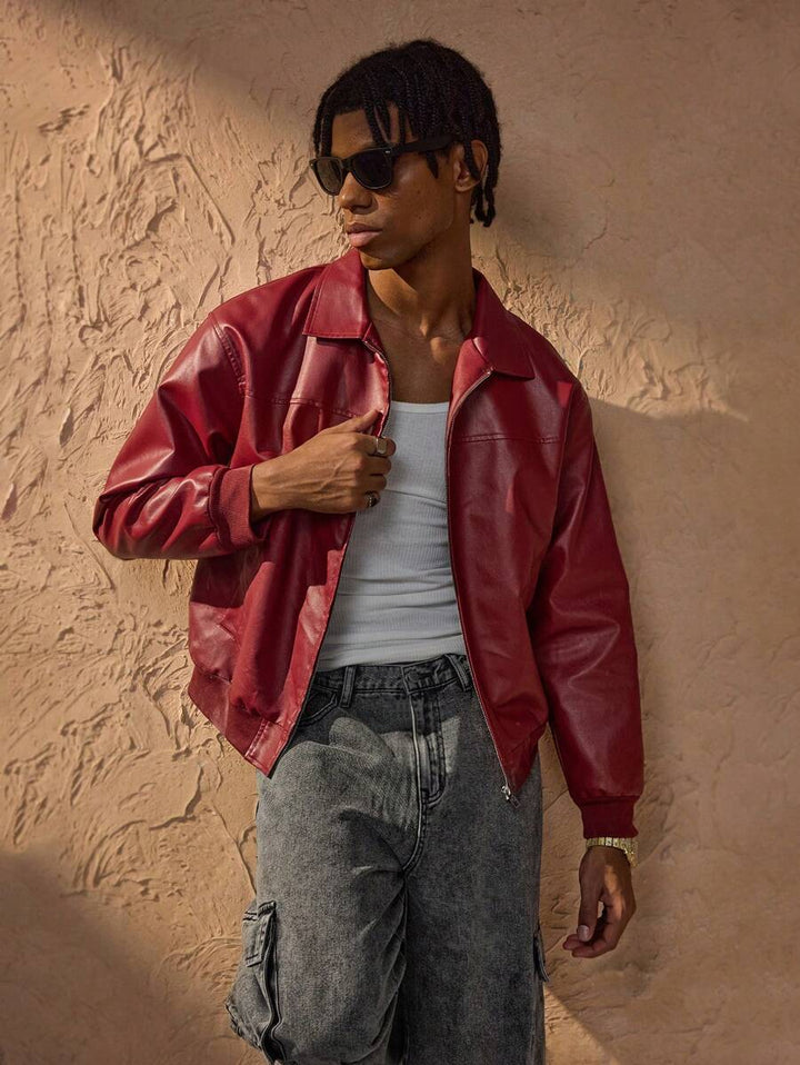 Men’s Retro Faux Leather Zip-Up Bomber Jacket Red