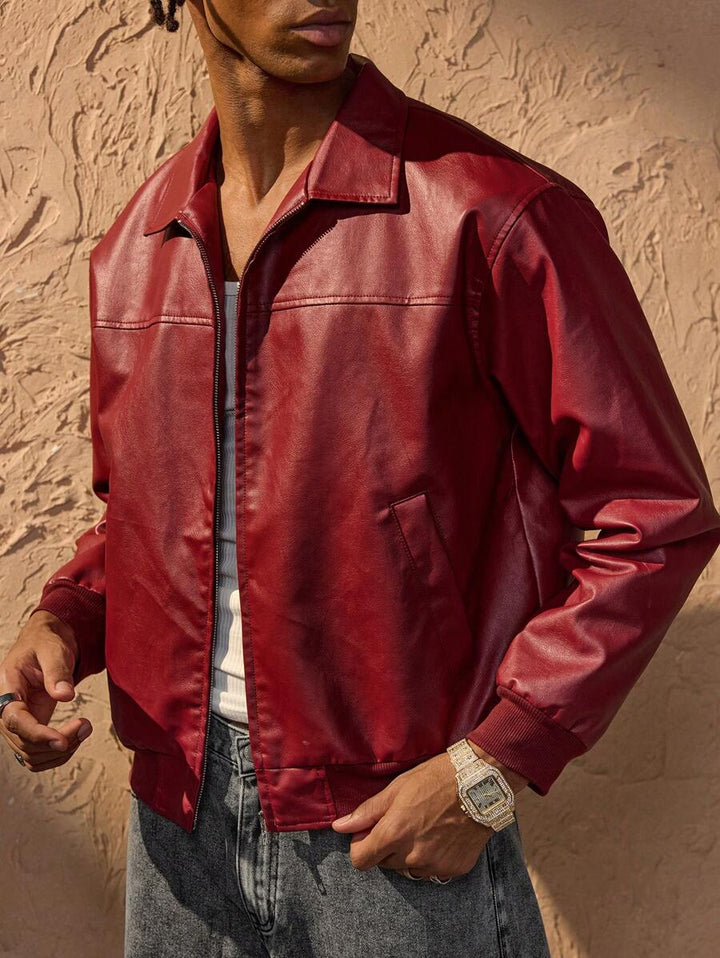 Men’s Retro Faux Leather Zip-Up Bomber Jacket Red